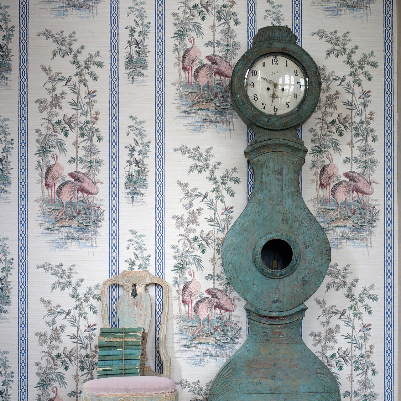 313032 Storks & Thrushes Cotswolds Manor Tuscan Pink and Cobalt Wallpaper by Zoffany