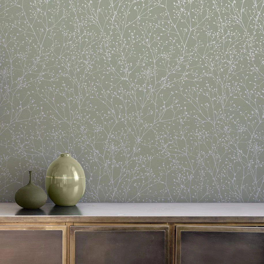 120388 Gypsophila Green / Silver Wallpaper by Clarissa Hulse