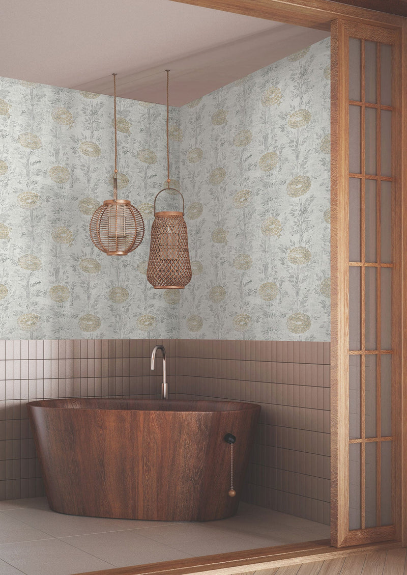 French Marigold White & Gold Tea Garden Wallpaper by York Wallcoverings
