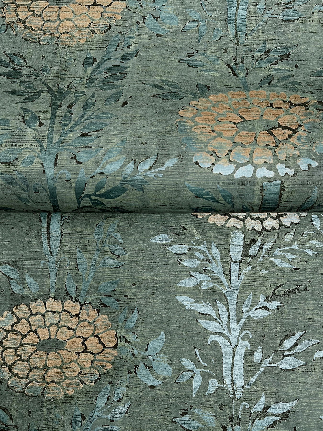 French Marigold Teal Green & Gold Tea Garden Wallpaper by York Wallcoverings