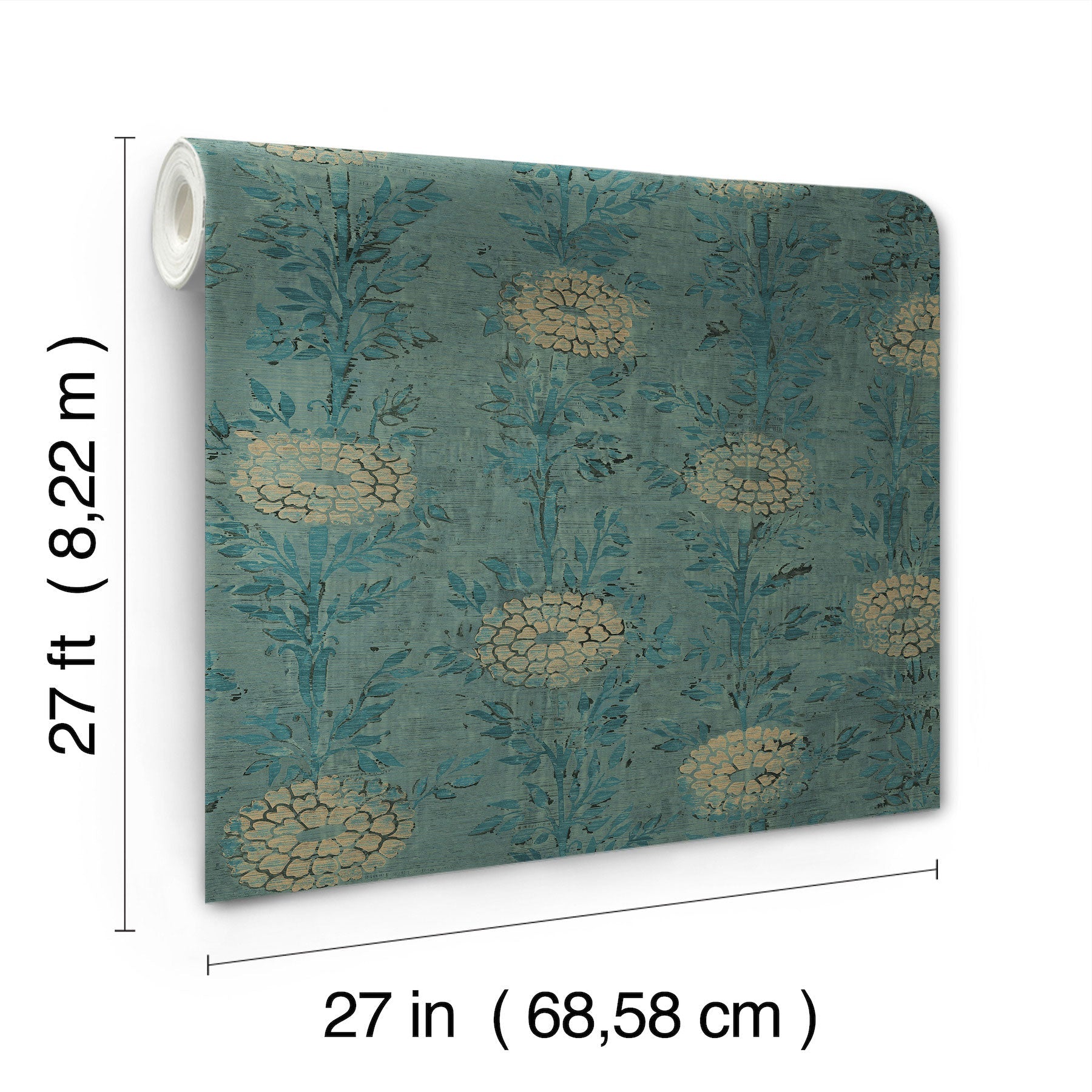 French Marigold Teal Green & Gold Tea Garden Wallpaper by York Wallcoverings