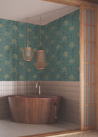 French Marigold Teal Green & Gold Tea Garden Wallpaper by York Wallcoverings
