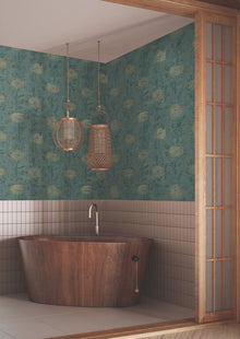 French Marigold Teal Green & Gold Tea Garden Wallpaper by York Wallcoverings