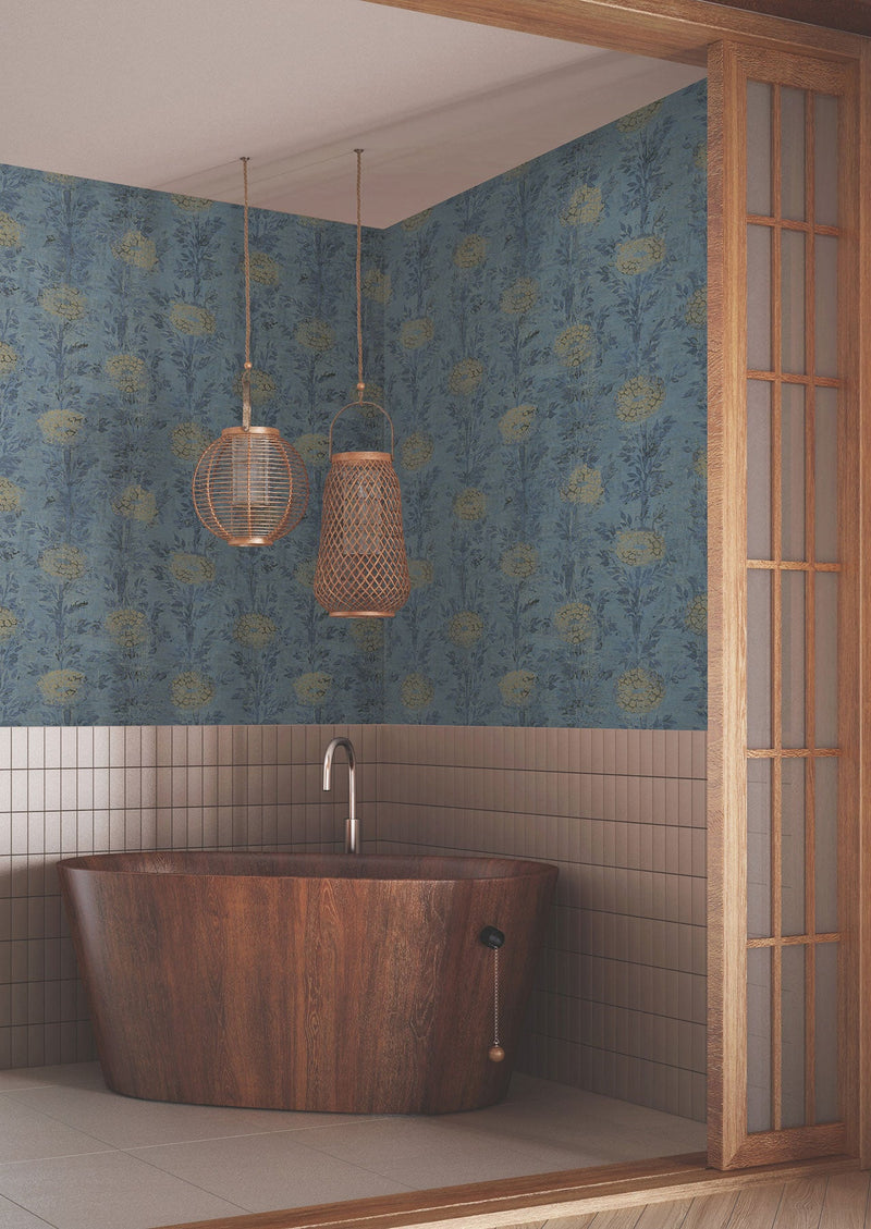 French Marigold Denim & Gold Tea Garden Wallpaper by York Wallcoverings