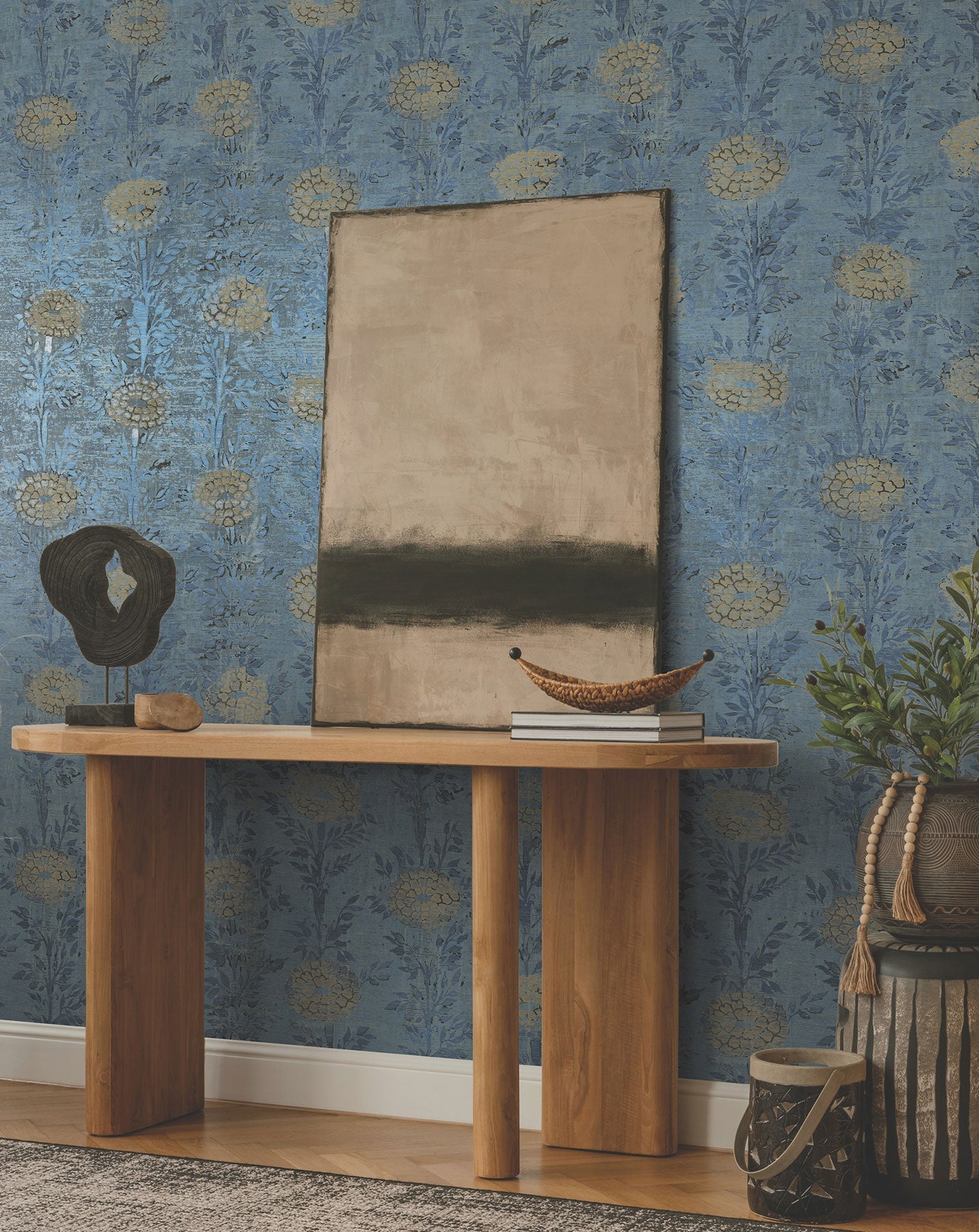 French Marigold Denim & Gold Tea Garden Wallpaper by York Wallcoverings