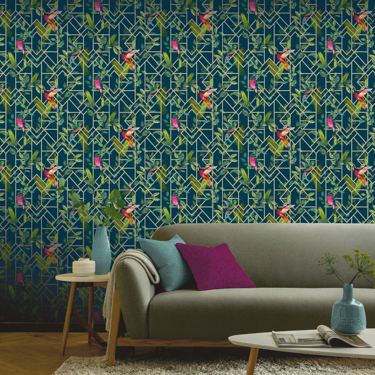 908003 Deco Tropical Navy Wallpaper By Arthouse