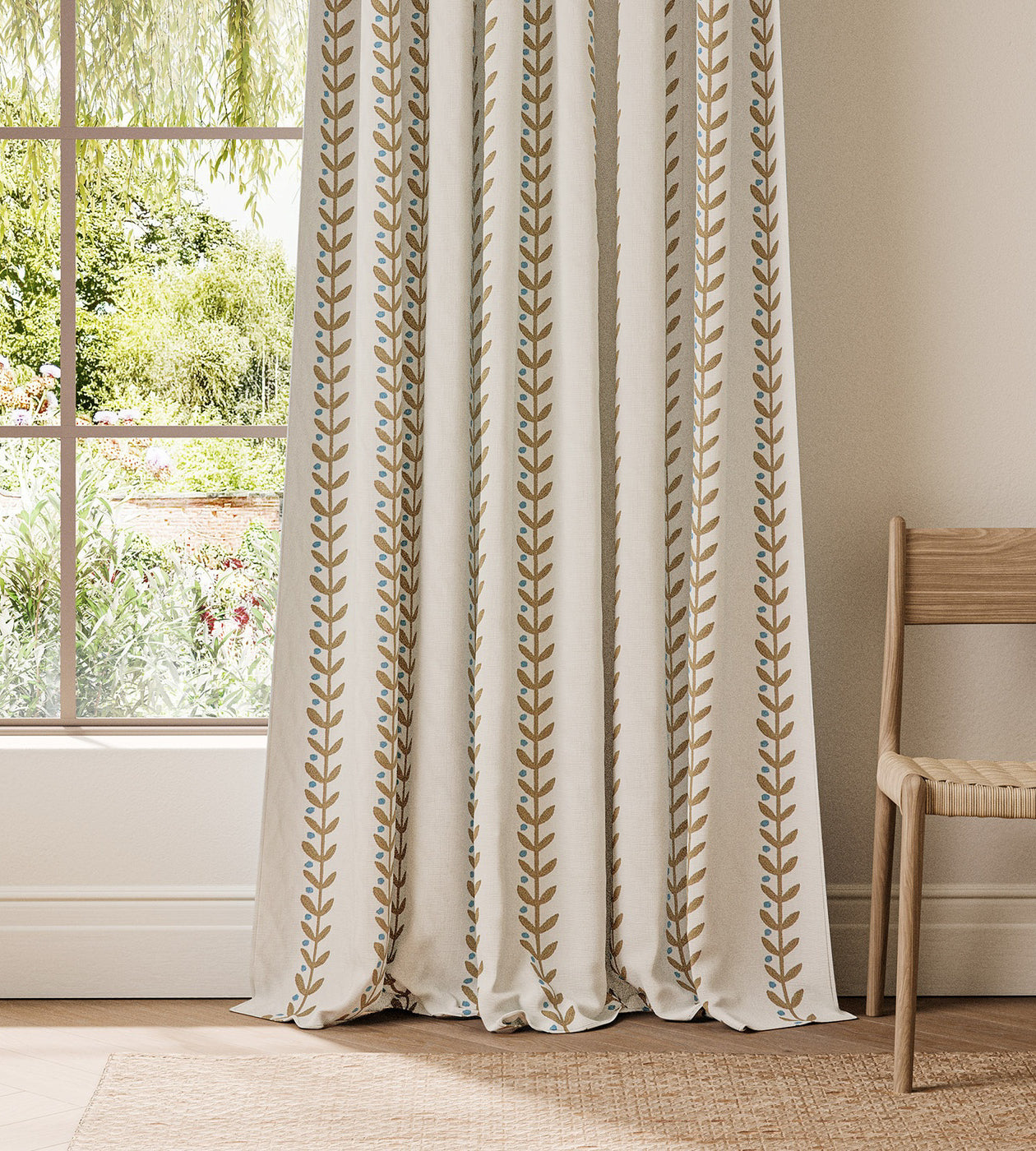 NPOF134844 Beanstalk Stripe Mushroom / Coast Blue Pomona Fabric by Scion