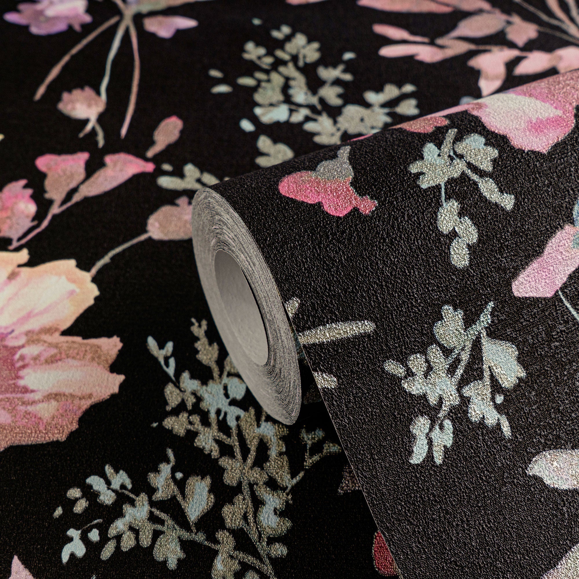 Petal Poetry - Unfold Black and Blue Cosmo Living Wallpaper by Galerie