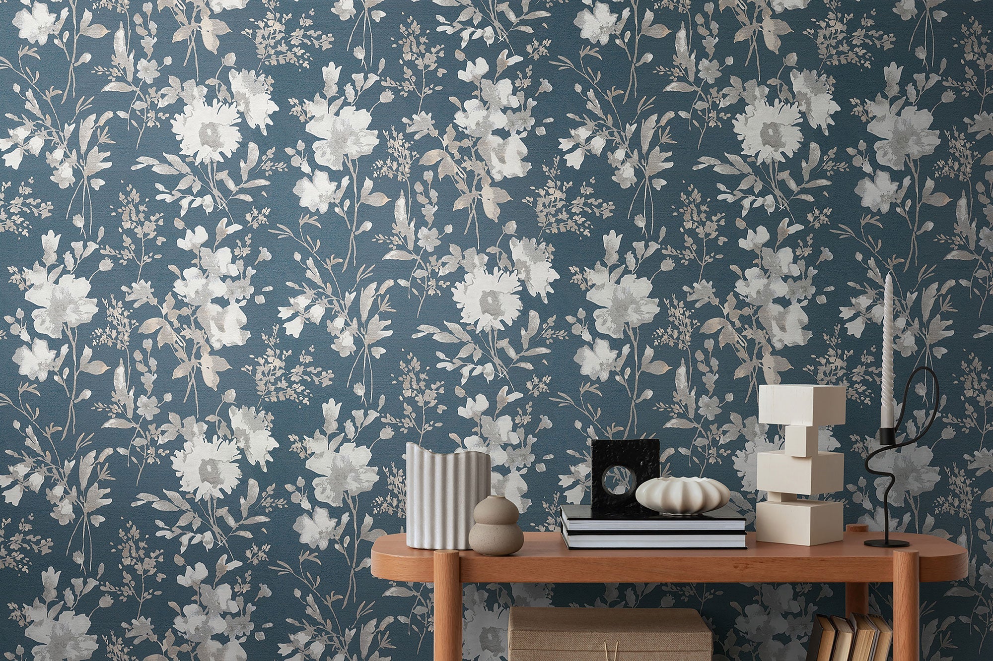 Petal Poetry - Unfold Blue and Silver Grey Cosmo Living Wallpaper by Galerie