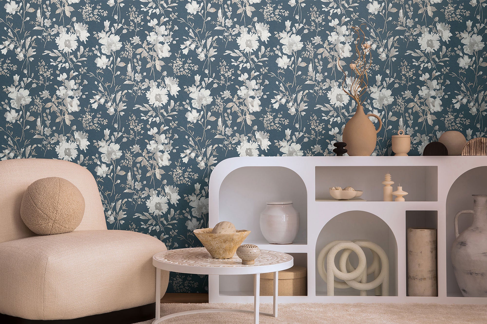 Petal Poetry - Unfold Blue and Silver Grey Cosmo Living Wallpaper by Galerie