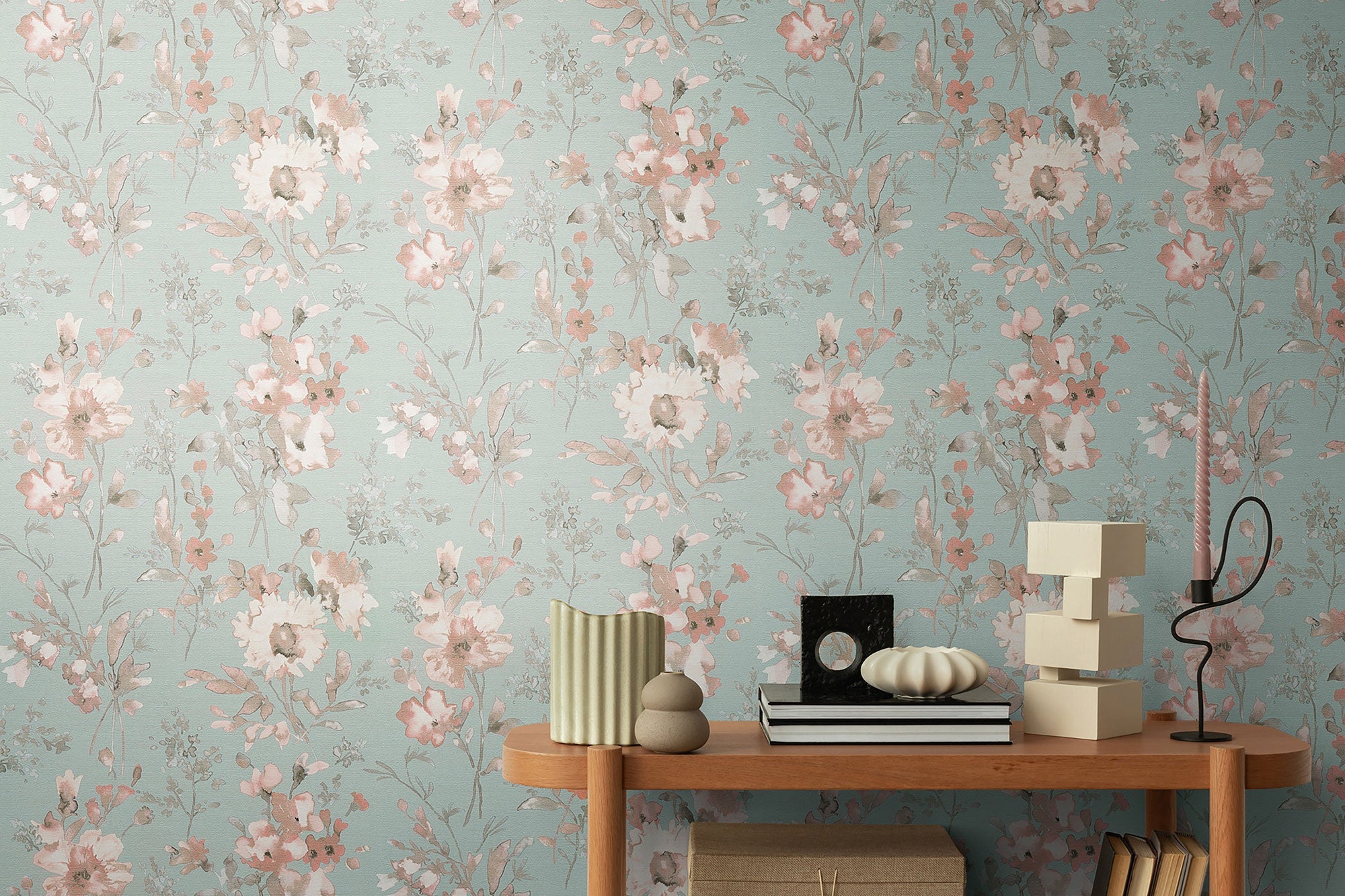 Petal Poetry - Unfold Green and Blue Cosmo Living Wallpaper by Galerie