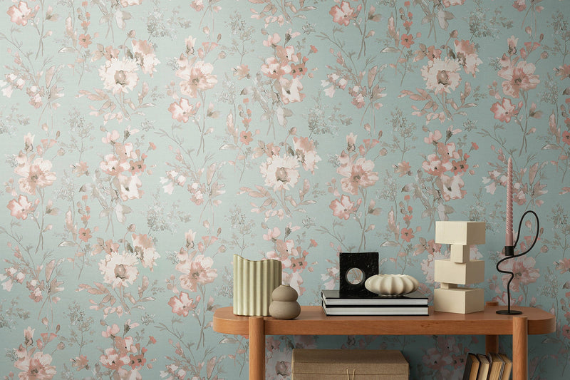 Petal Poetry - Unfold Green and Blue Cosmo Living Wallpaper by Galerie