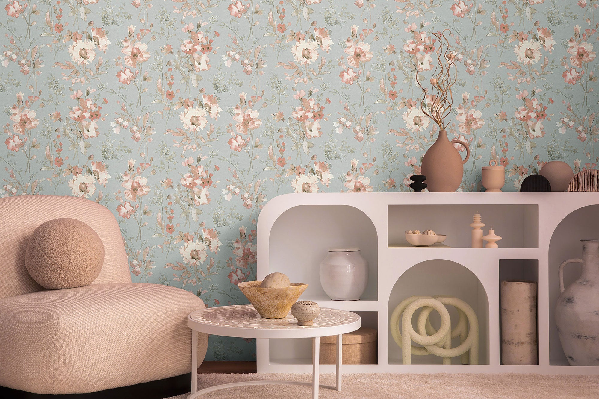 Petal Poetry - Unfold Green and Blue Cosmo Living Wallpaper by Galerie