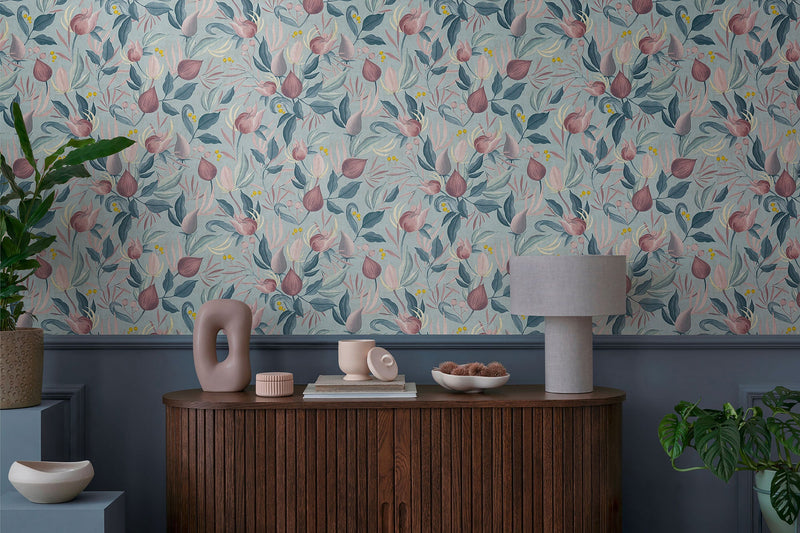 Still Bloom- Poetry Blue and Pink Cosmo Living Wallpaper by Galerie