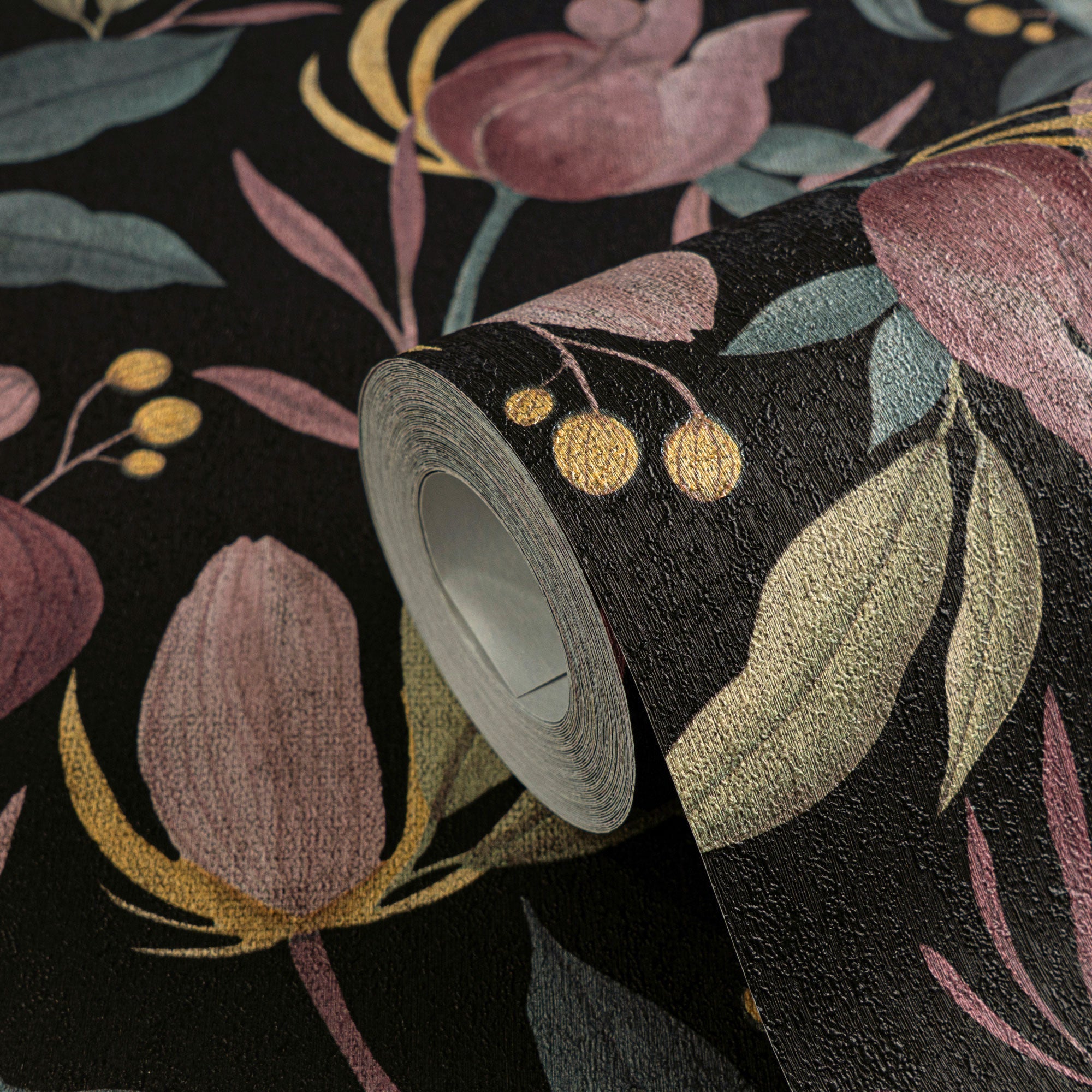 Still Bloom- Poetry Black and Green Cosmo Living Wallpaper by Galerie