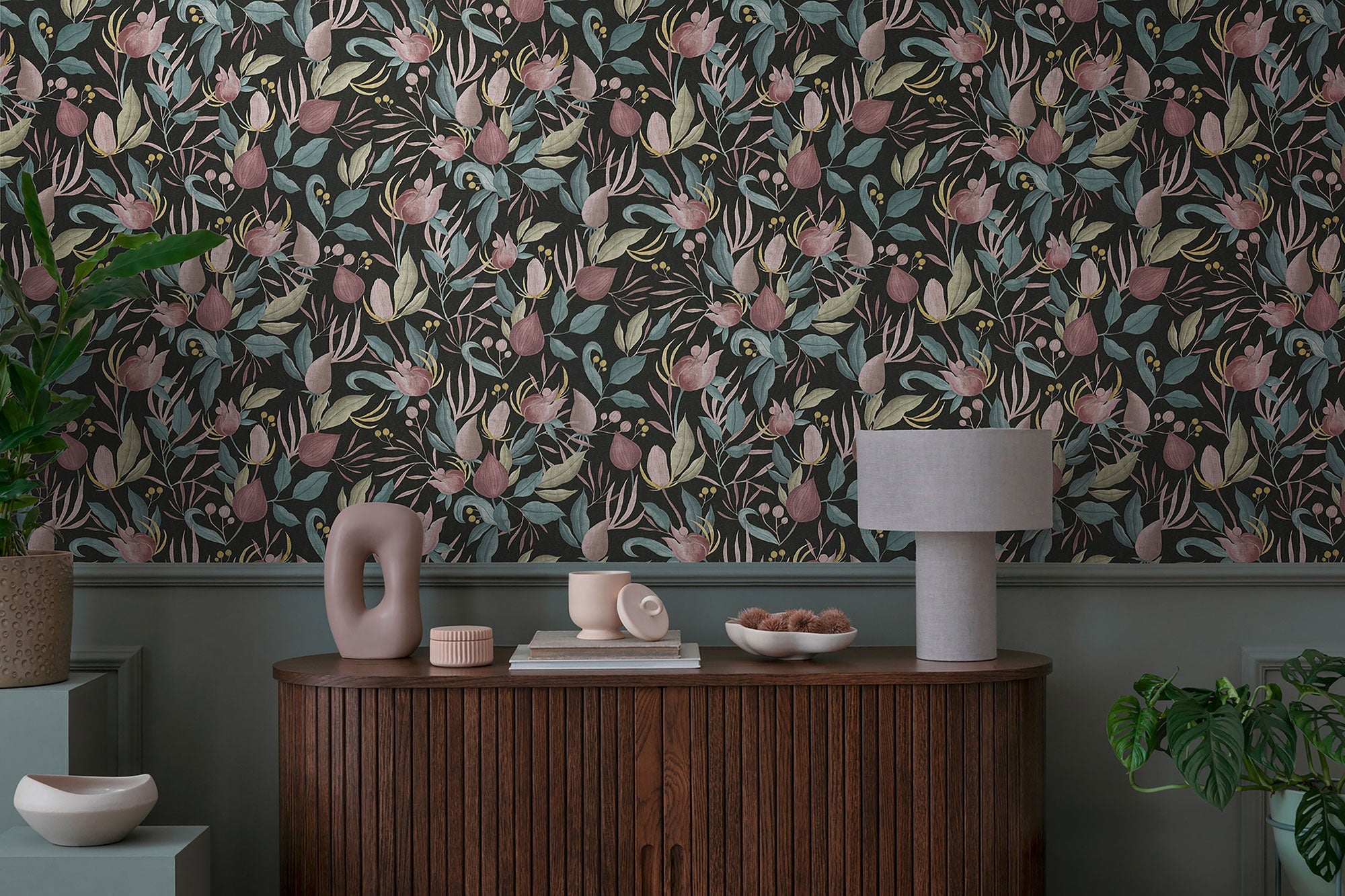 Still Bloom- Poetry Black and Green Cosmo Living Wallpaper by Galerie