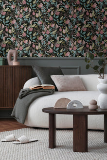 Still Bloom- Poetry Black and Green Cosmo Living Wallpaper by Galerie