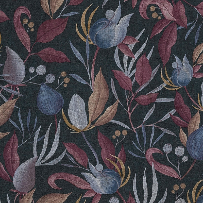 Still Bloom- Poetry Blue and Bronze Brown Cosmo Living Wallpaper by Galerie