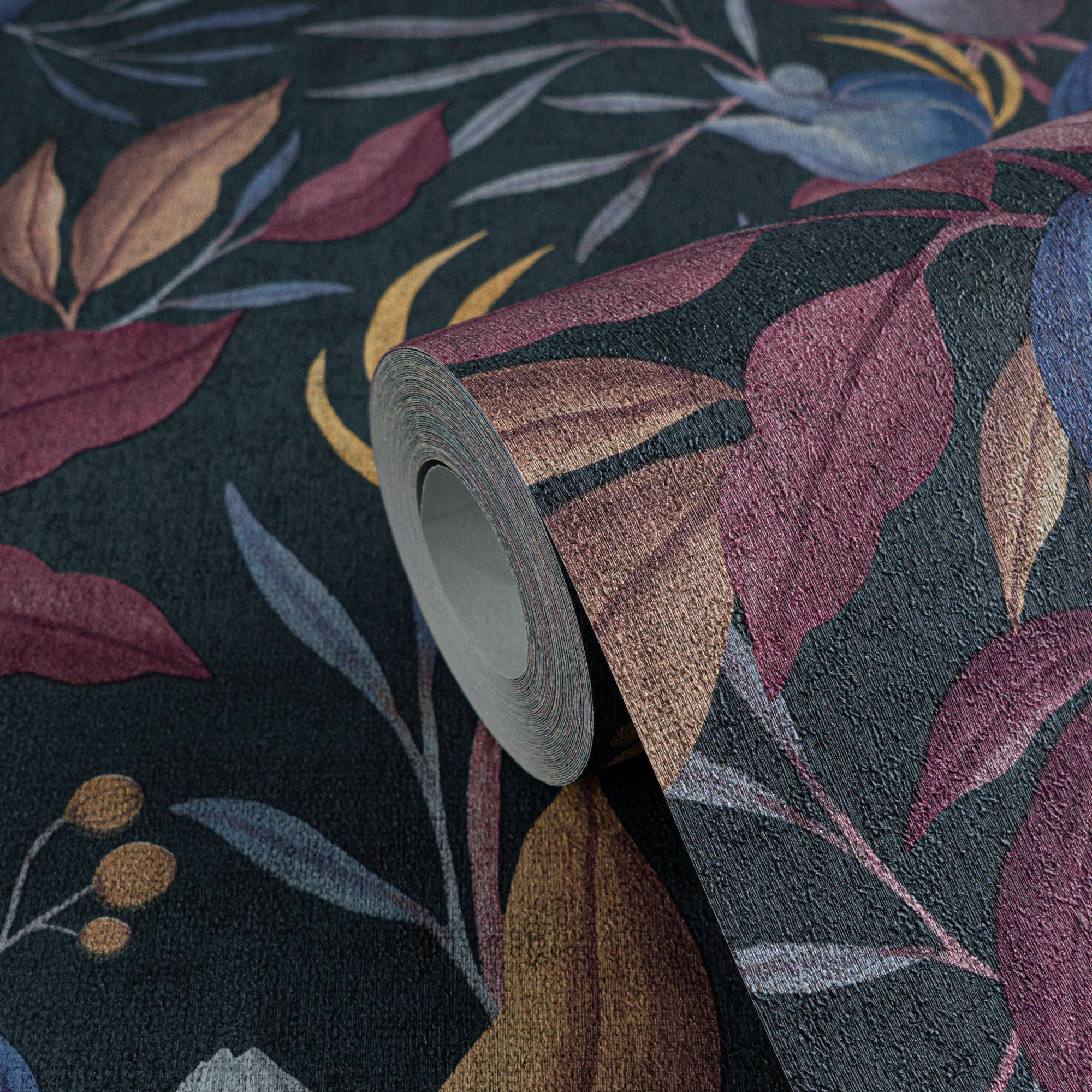 Still Bloom- Poetry Blue and Bronze Brown Cosmo Living Wallpaper by Galerie