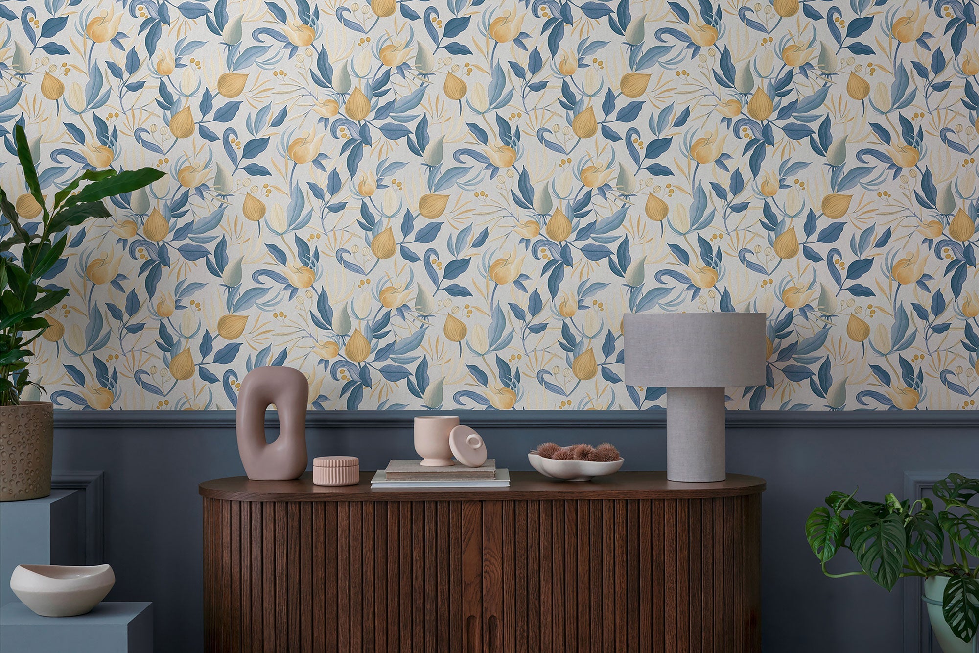Still Bloom- Poetry Blue and Yellow Cosmo Living Wallpaper by Galerie