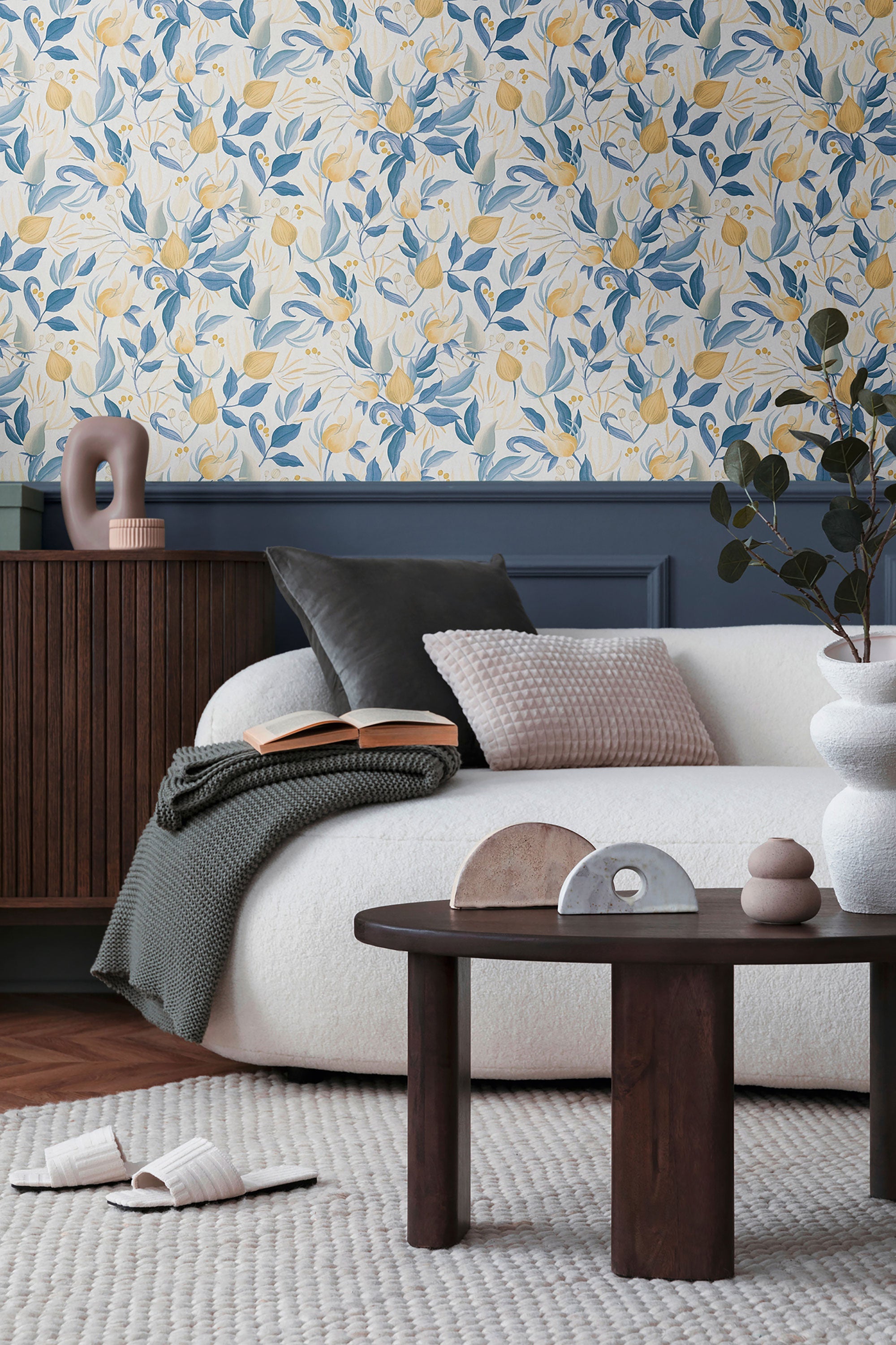 Still Bloom- Poetry Blue and Yellow Cosmo Living Wallpaper by Galerie
