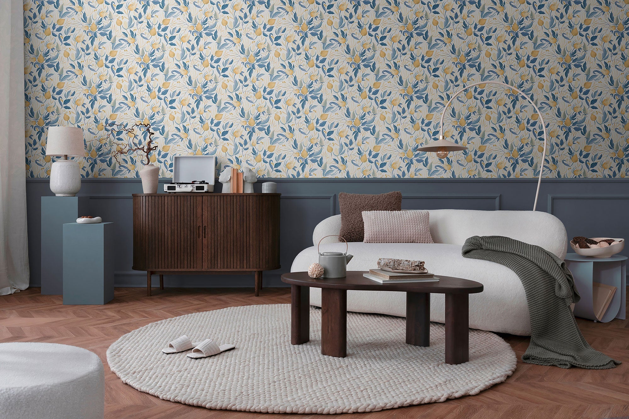 Still Bloom- Poetry Blue and Yellow Cosmo Living Wallpaper by Galerie