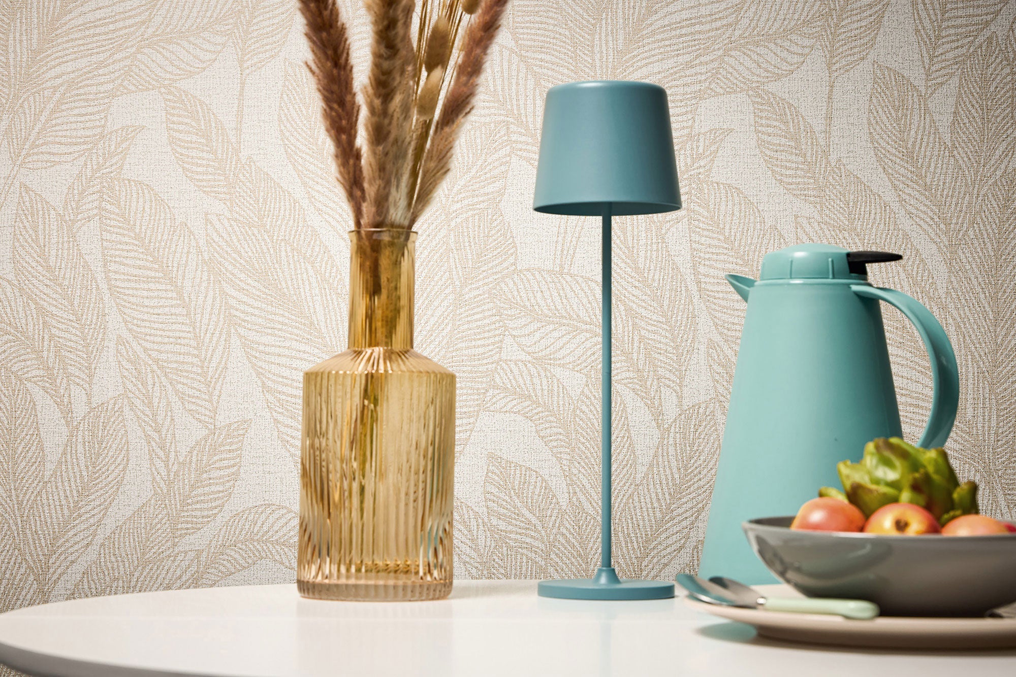 Golden Fern - Glow Beige and Silver Grey Cosmo Living Wallpaper by Galerie