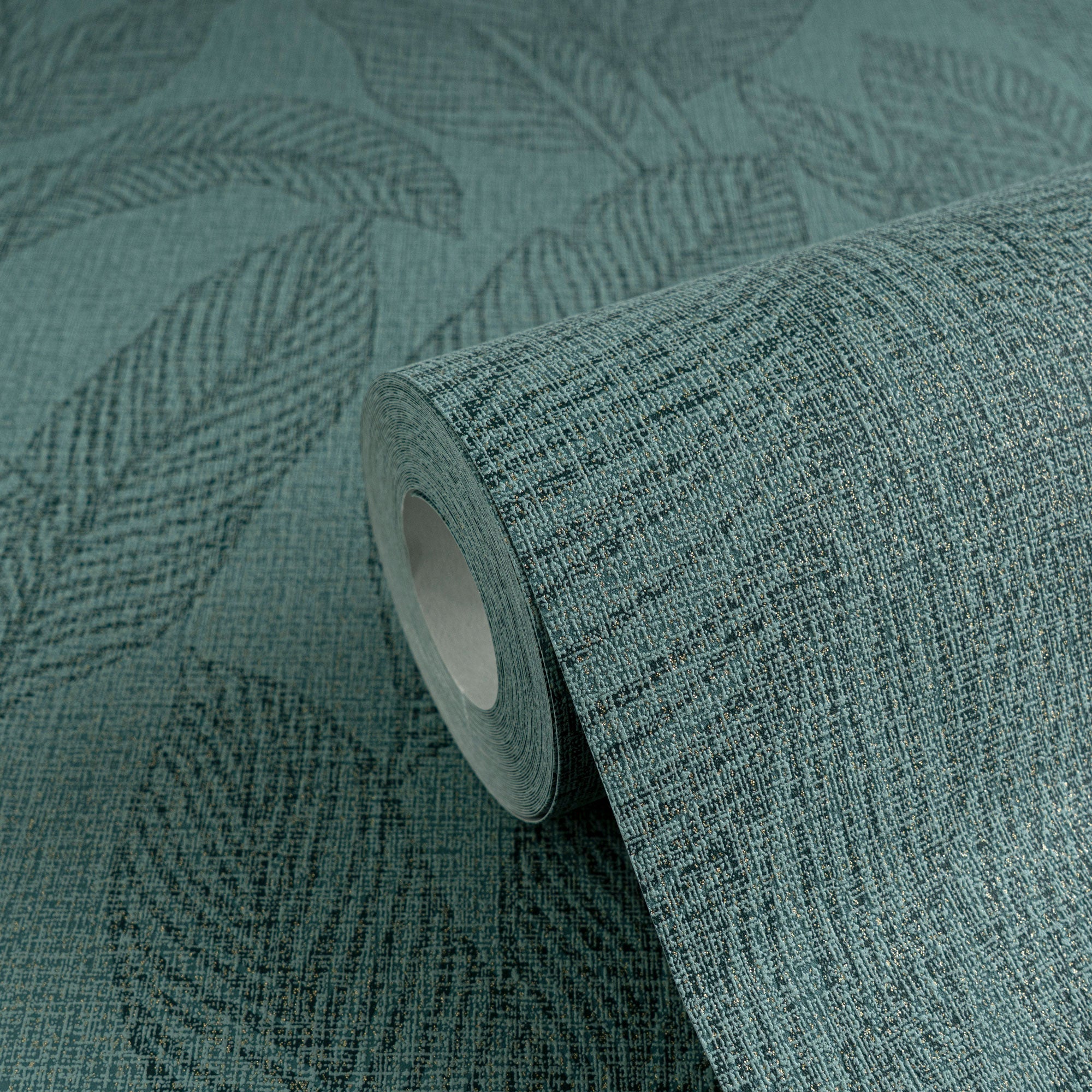 Golden Fern - Glow Green and Blue Cosmo Living Wallpaper by Galerie