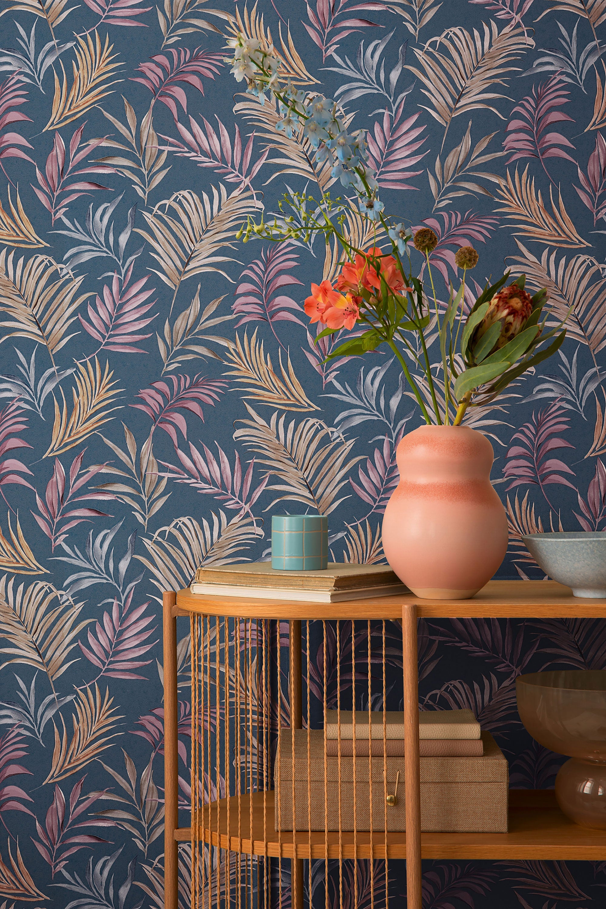 Midnight Botanica -Mystery Blue and Beige Cosmo Living Wallpaper by Galerie