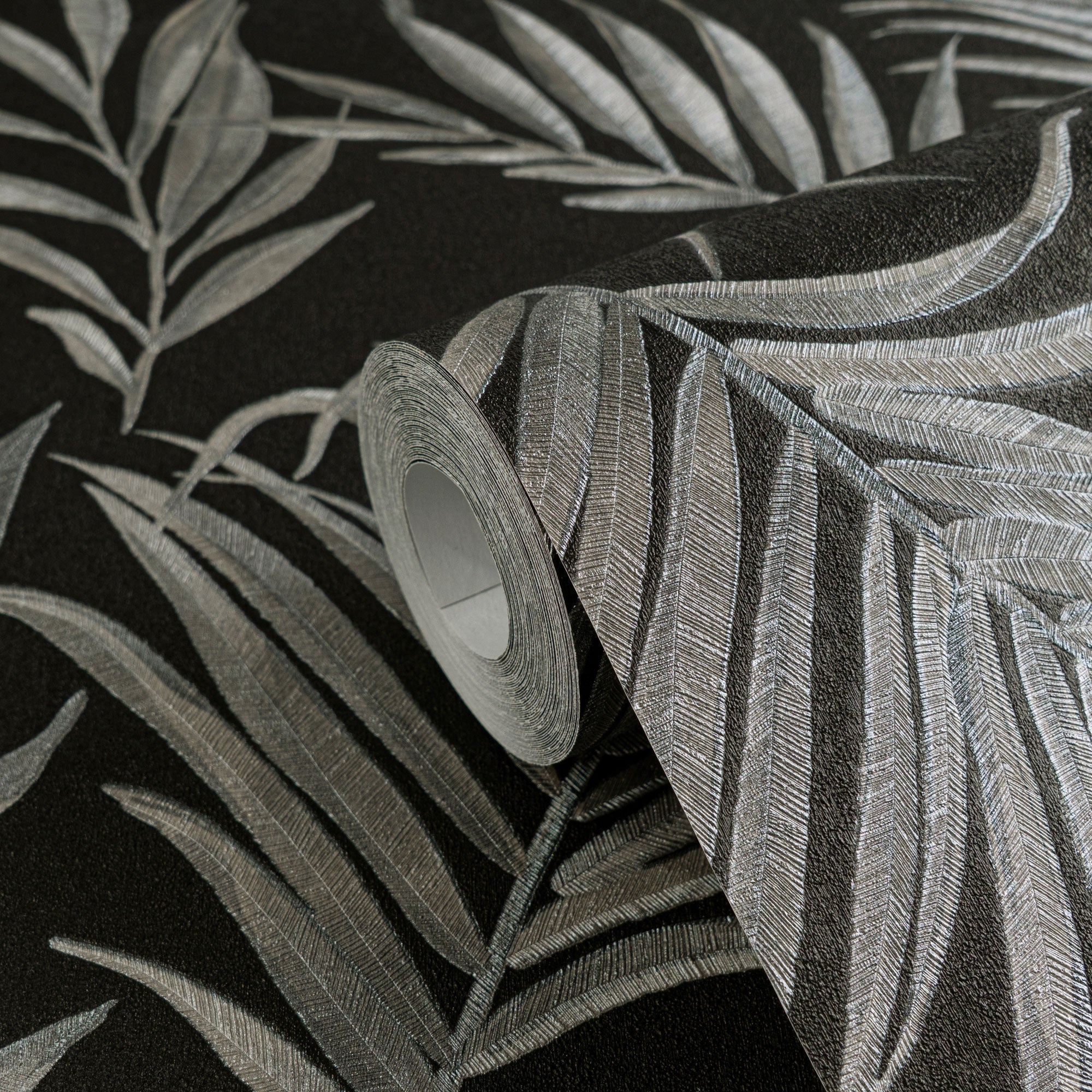 Midnight Botanica -Mystery Silver Grey and Black Cosmo Living Wallpaper by Galerie