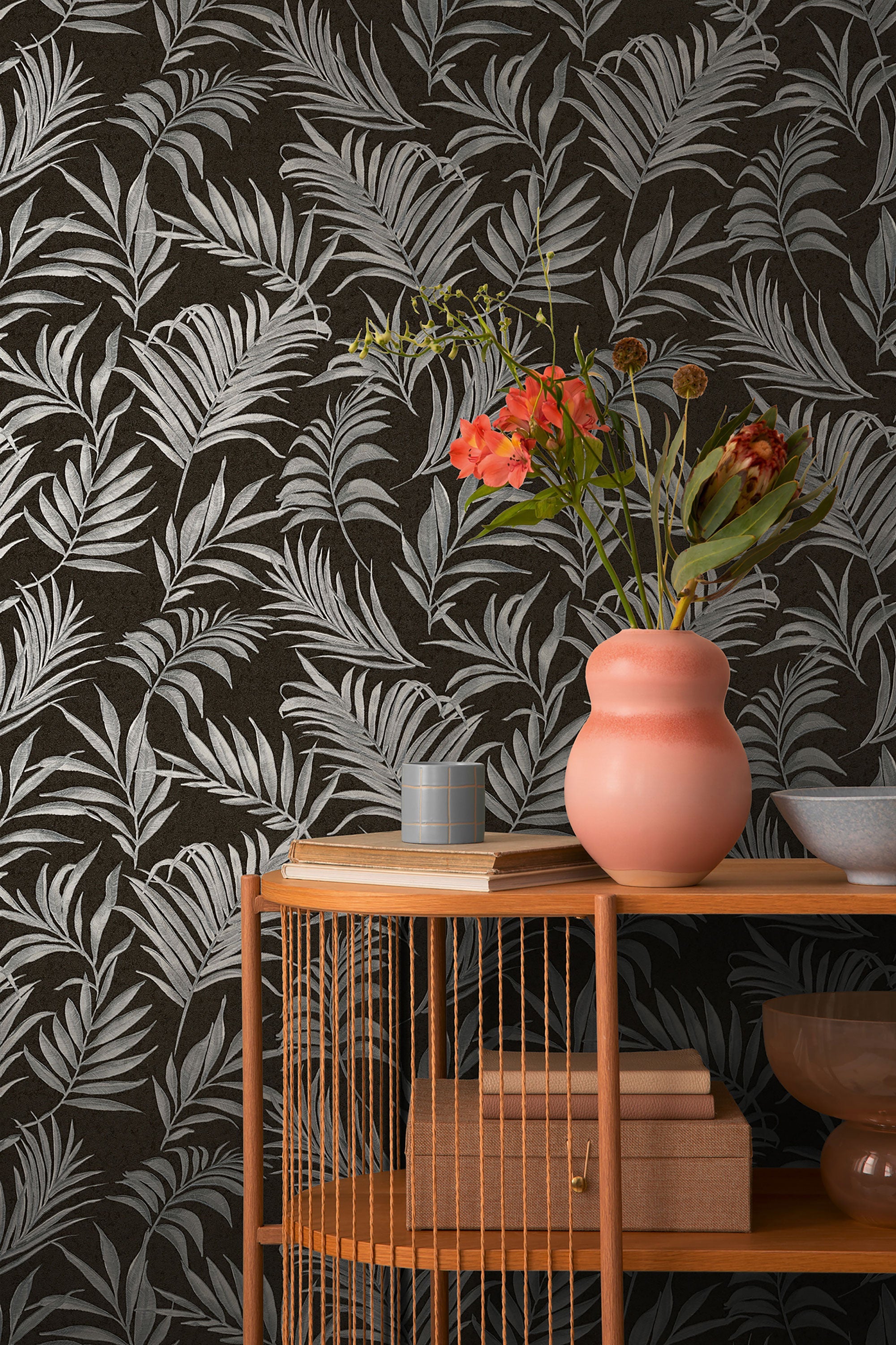 Midnight Botanica -Mystery Silver Grey and Black Cosmo Living Wallpaper by Galerie