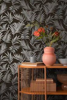 Midnight Botanica -Mystery Silver Grey and Black Cosmo Living Wallpaper by Galerie