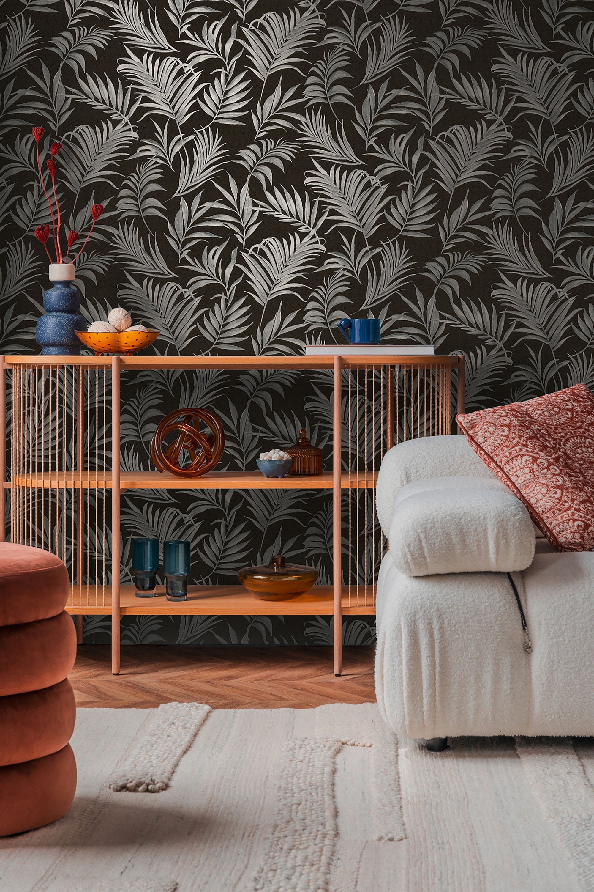 Midnight Botanica -Mystery Silver Grey and Black Cosmo Living Wallpaper by Galerie