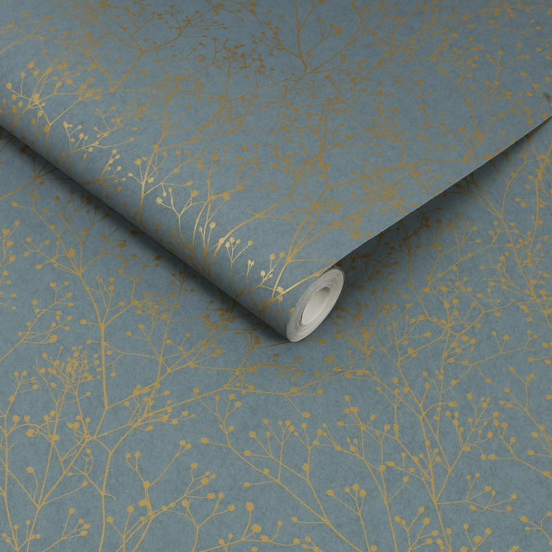 120384 Gypsophila Blue / Soft Gold Wallpaper by Clarissa Hulse