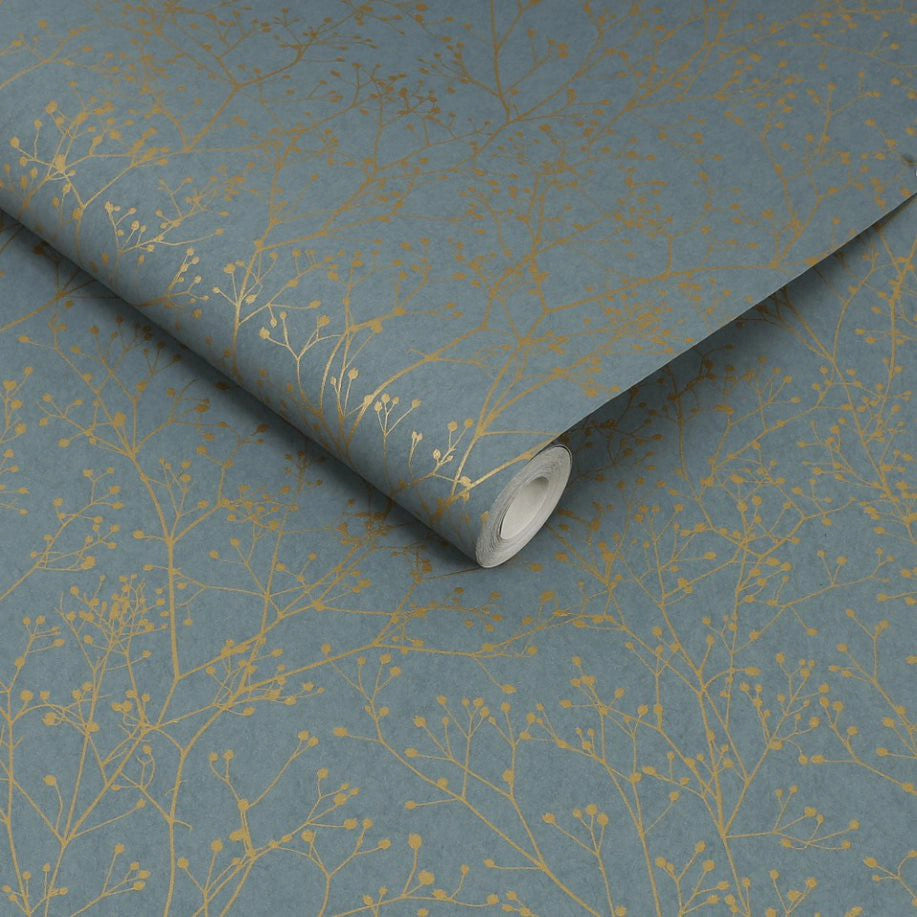 120384 Gypsophila Blue / Soft Gold Wallpaper by Clarissa Hulse