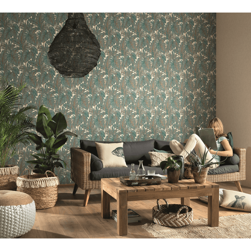 5410-19 Botanical Hacienda Leaf Teal Wallpaper By Erismann