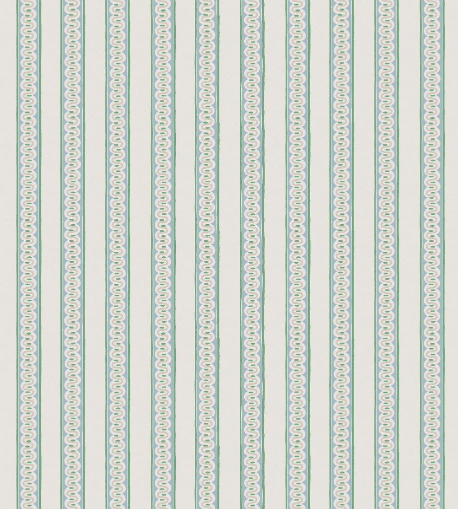NPOF121374 Fondant Stripe Kelly Green / Cornflower Pomona Fabric by Scion