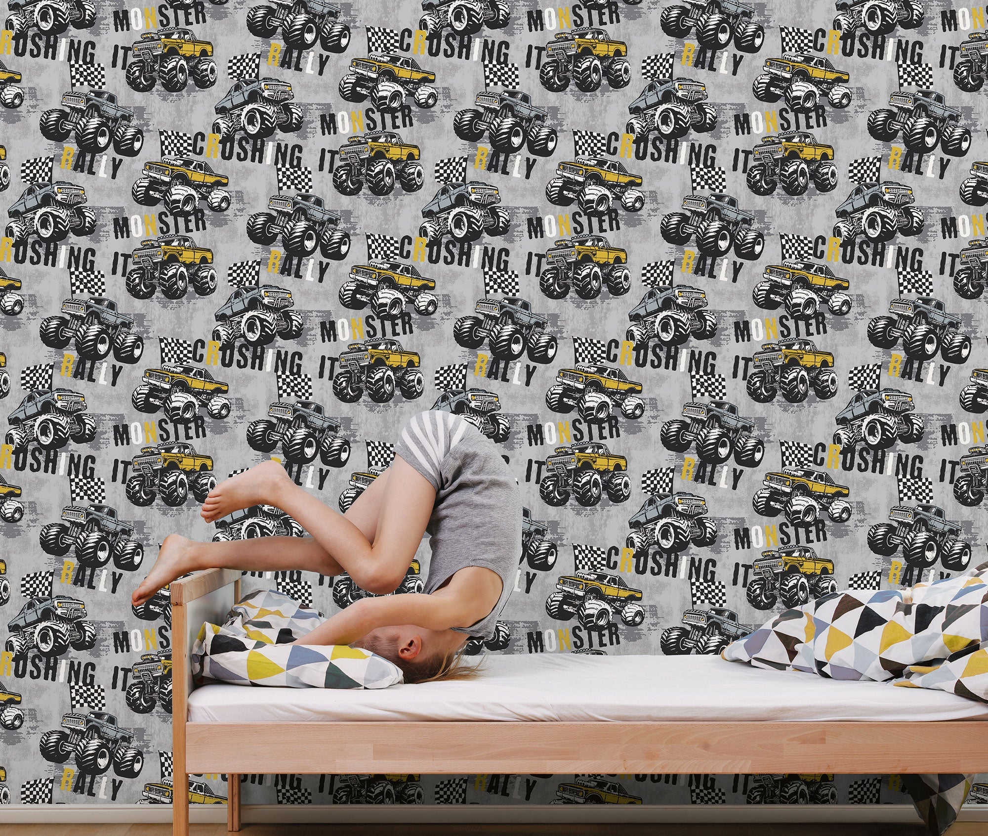 Monster Trucks Silver Grey Kids and Teens Wallpaper by Galerie