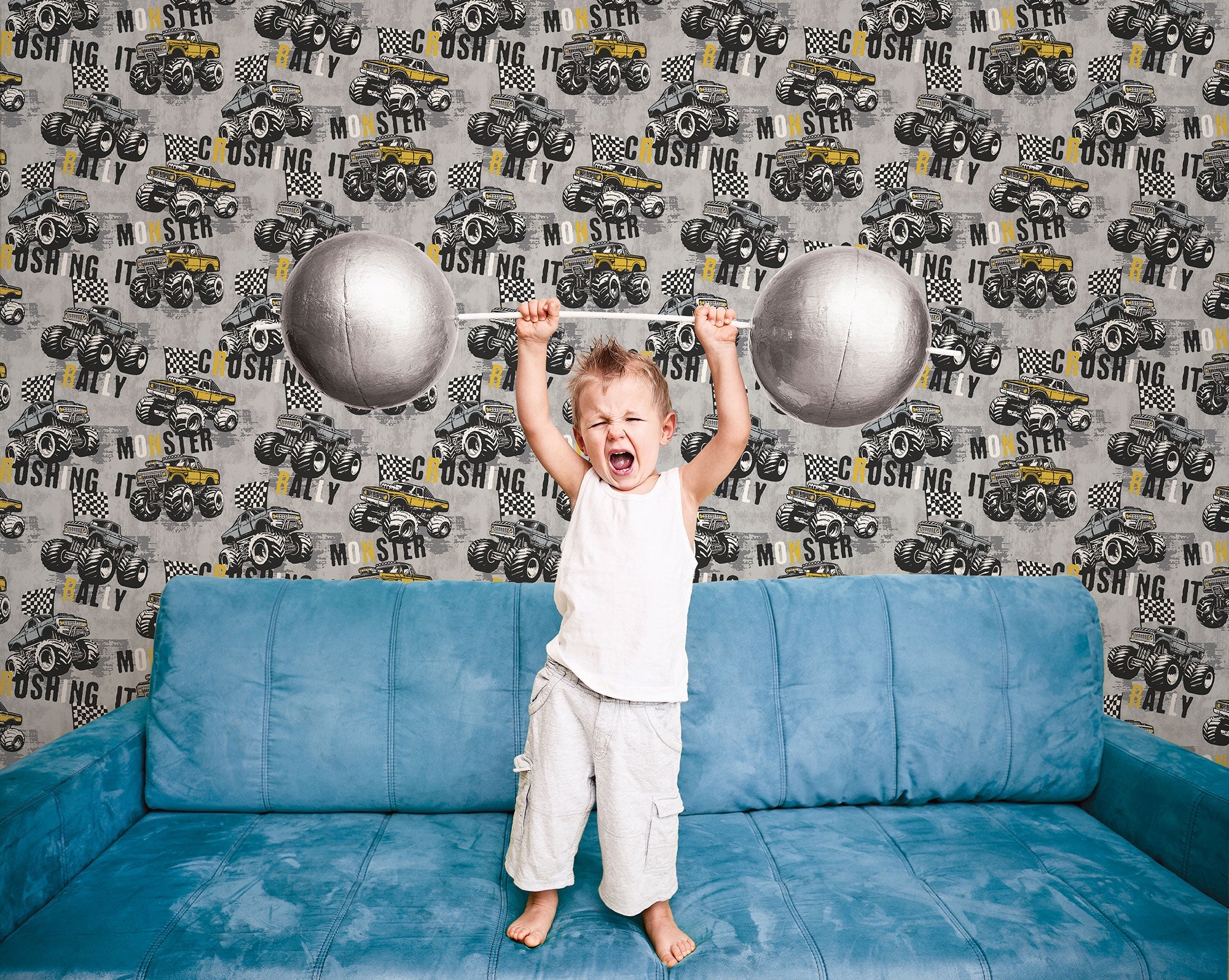 Monster Trucks Silver Grey Kids and Teens Wallpaper by Galerie