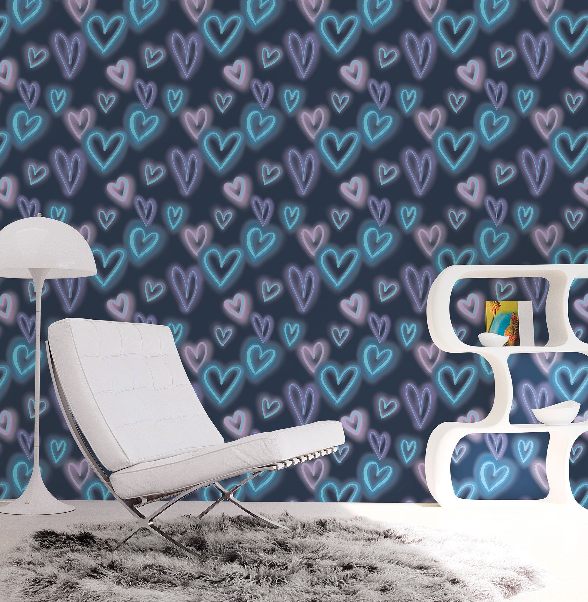 Neon Hearts Blue Kids and Teens Wallpaper by Galerie