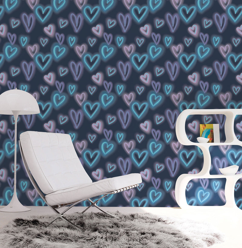 Neon Hearts Blue Kids and Teens Wallpaper by Galerie