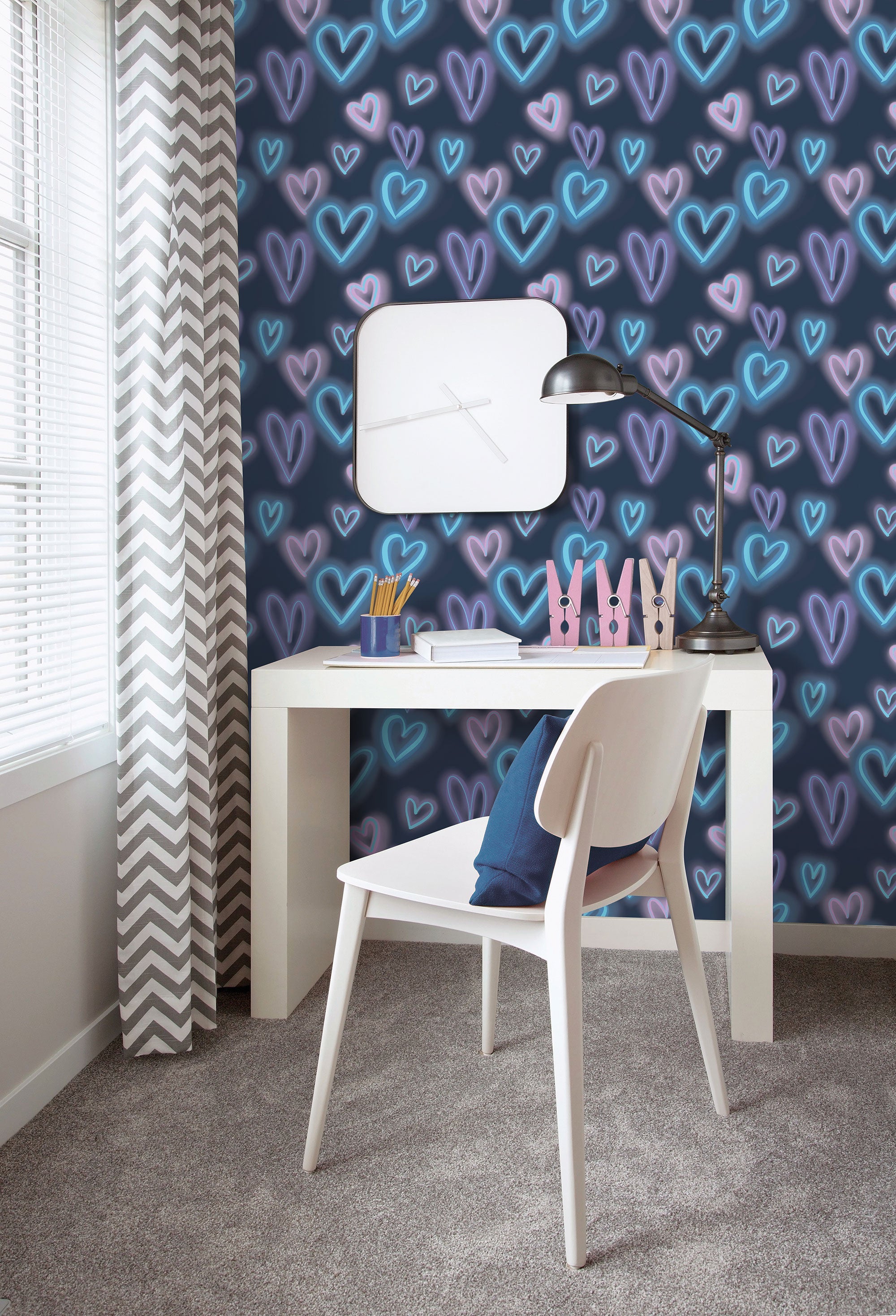Neon Hearts Blue Kids and Teens Wallpaper by Galerie