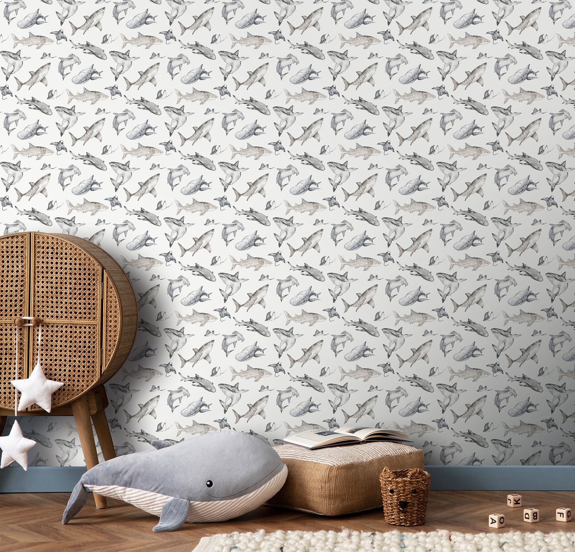 Sharks Silver Grey Kids and Teens Wallpaper by Galerie