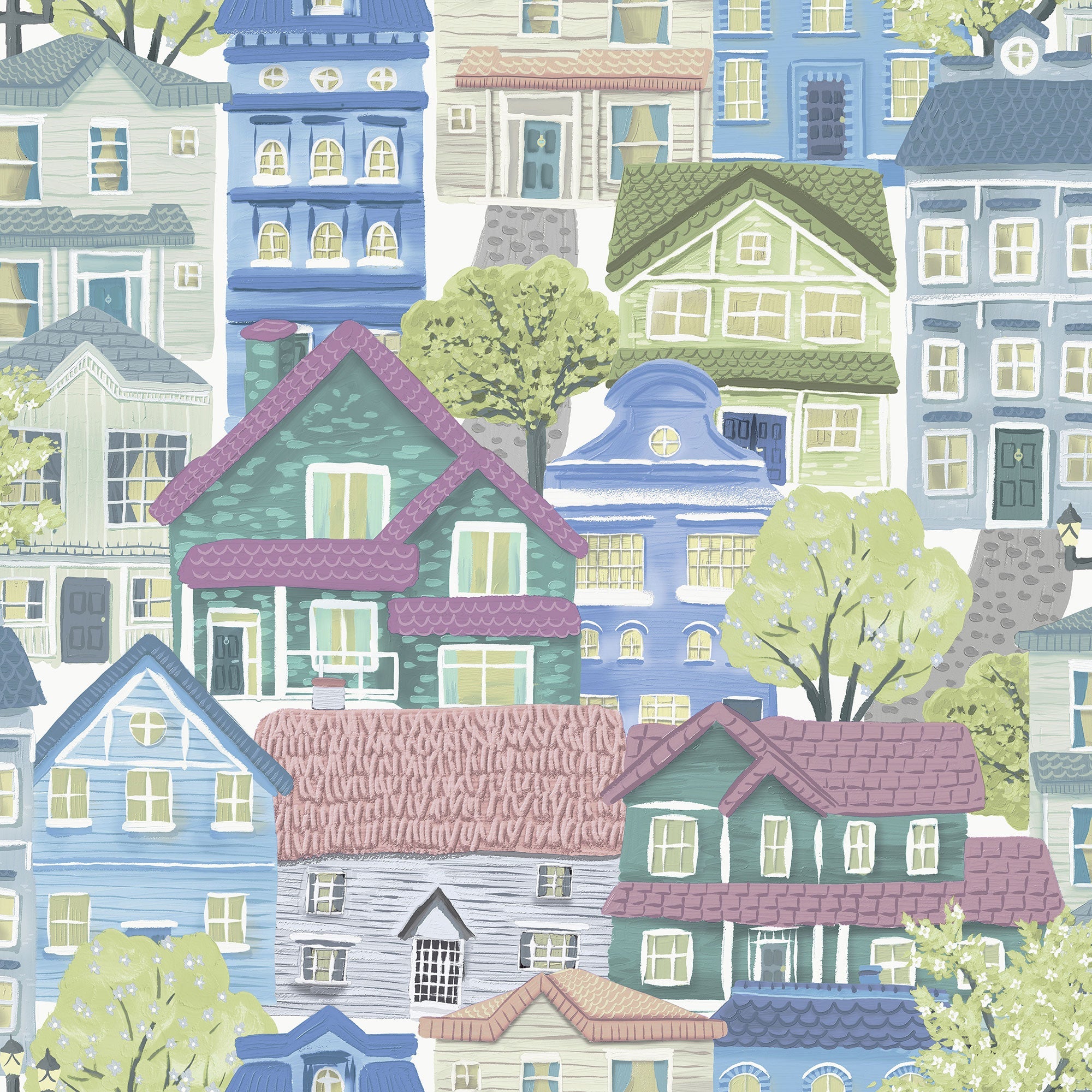 Whimsical Houses Blue Kids and Teens Wallpaper by Galerie