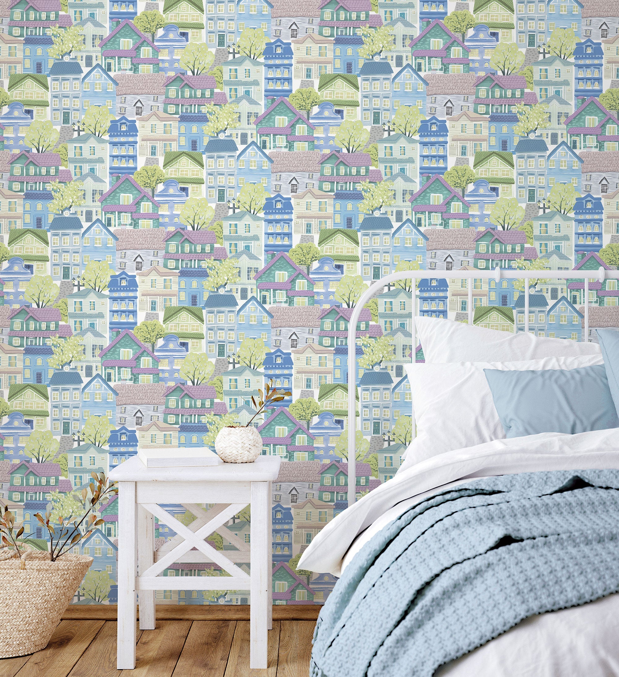 Whimsical Houses Blue Kids and Teens Wallpaper by Galerie