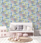 Whimsical Houses Blue Kids and Teens Wallpaper by Galerie
