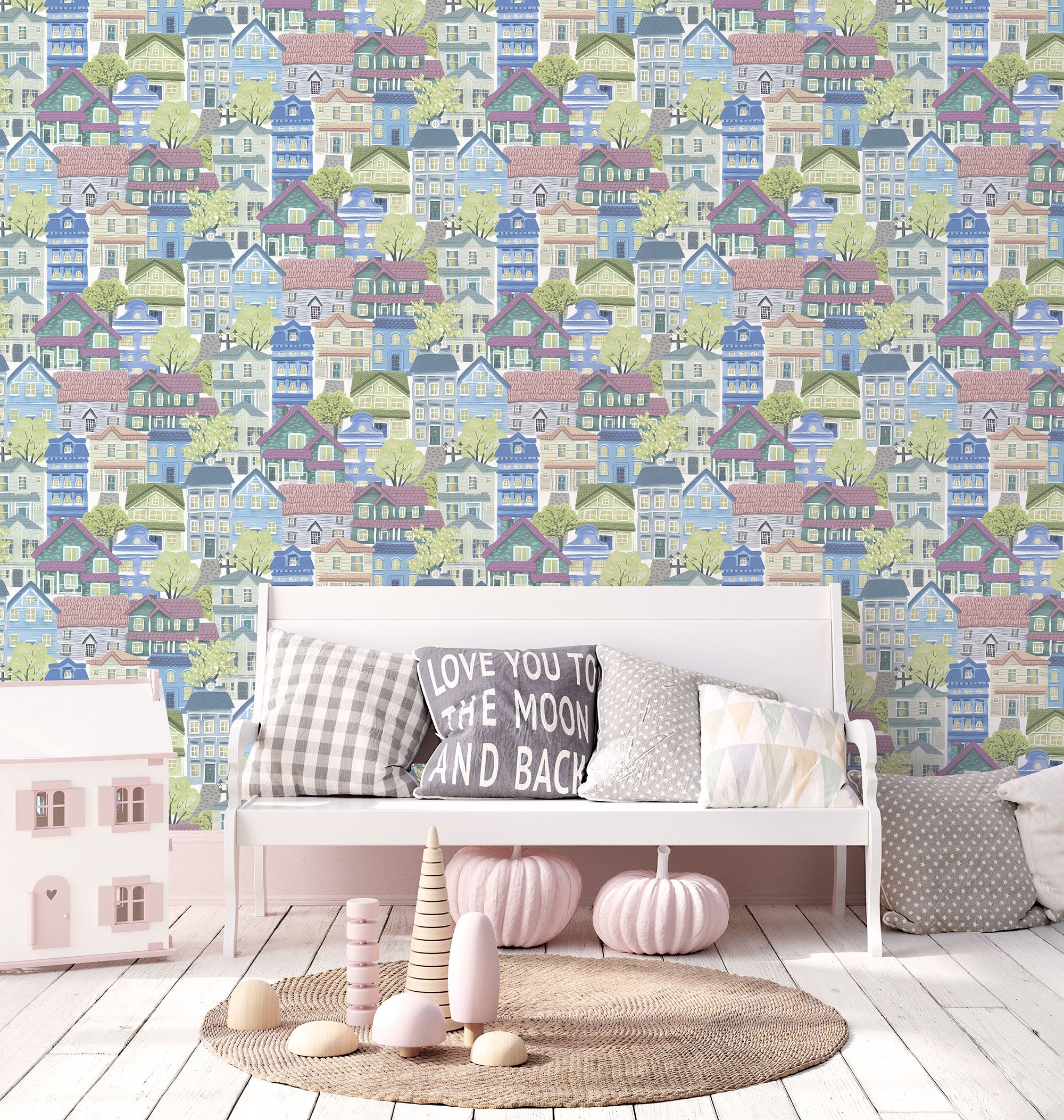 Whimsical Houses Blue Kids and Teens Wallpaper by Galerie