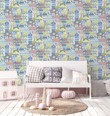 Whimsical Houses Blue Kids and Teens Wallpaper by Galerie