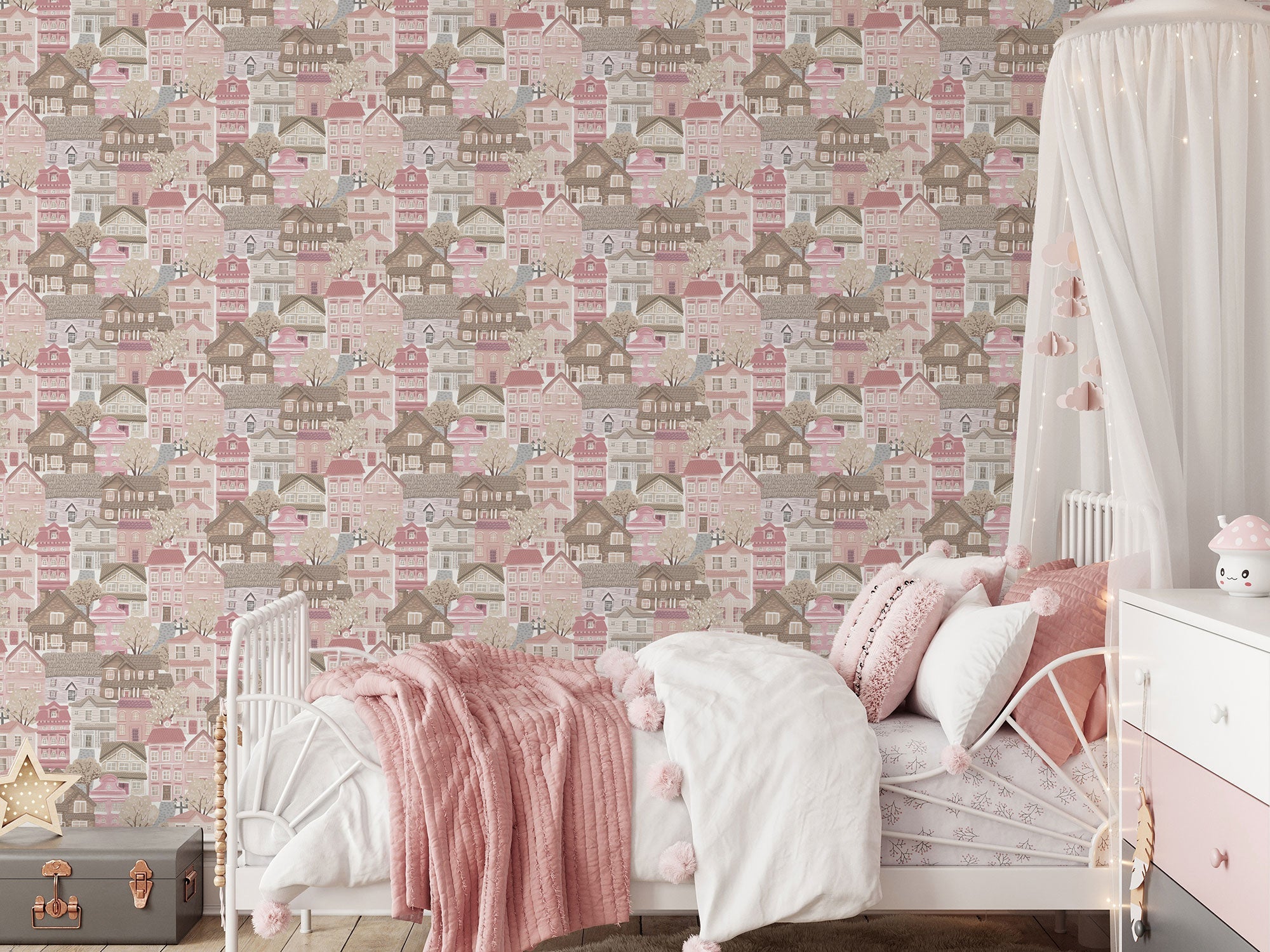 Whimsical Houses Pink Kids and Teens Wallpaper by Galerie