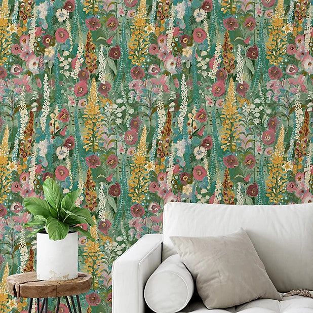 A74601 Delphinium Forest Green / Pink Wallpaper by Grandeco